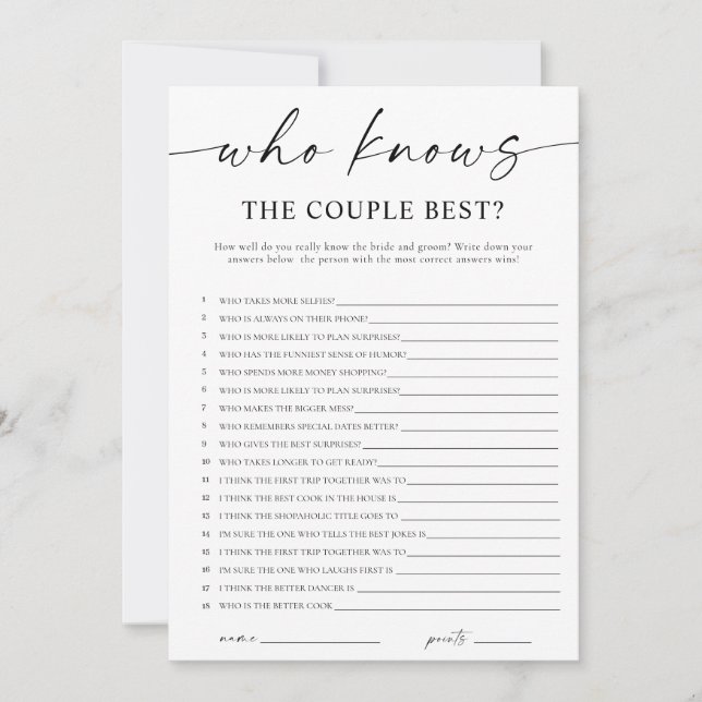 Convite Who Knows the Couple Best Bridal Shower Game (Frente)