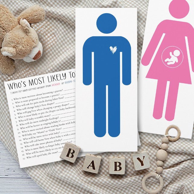 Convite Who's Most Likely To Baby Shower Game Daddy Card (Funny Who's Most Likely To daddy-to-be fun couples shower game blue male stick figure answer card)