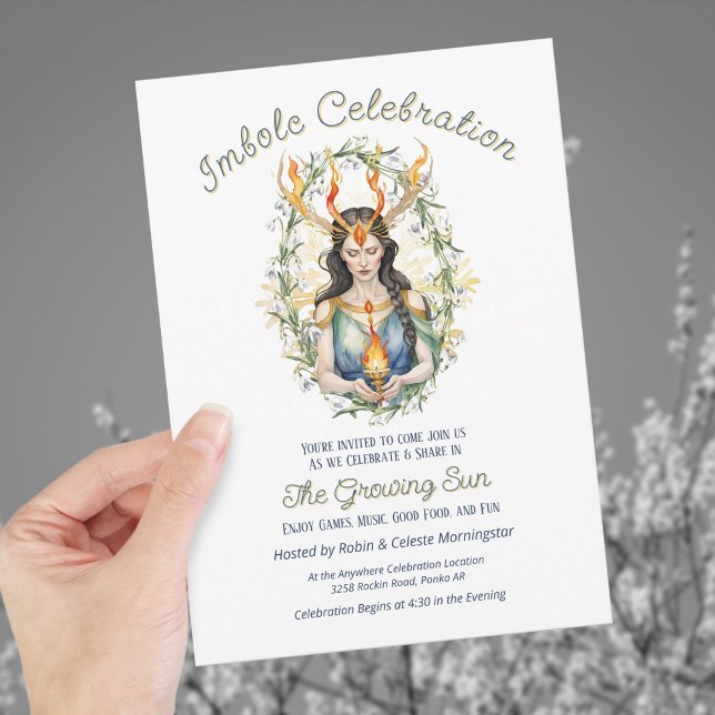 Convite Wiccan Imbolc Goddese Floral Flame Dourado Snowfla (Wiccan Imbolc Goddess Floral Flame Gold Snowflake Invitation)