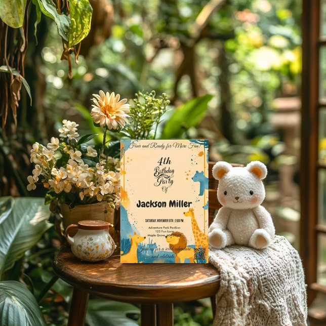 Convite Wild Adventure 4º Aniversário Mostarda e Azul Derr (Criador carregado)