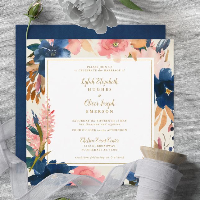 Convite Wild Elegance | Navy Blush & Gold Square Wedding I (Criador carregado)