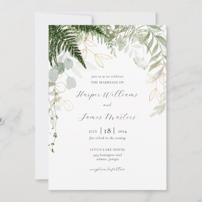 Convite Wild Fern Greenery e Dourado Casamento (Frente)