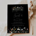 Convite Wild Floral Black Sweet 16 Festa de Aniversário<br><div class="desc">Este convite para a festa de aniversário de 16 anos florais é perfeito para um aniversário moderno. A design apresenta flores elegantes,  cor-de-água,  cor-de-rosa,  pincelada,  roxa,  marinho e branca,  com folhas verdes esmeraldas em fundo escuro.</div>