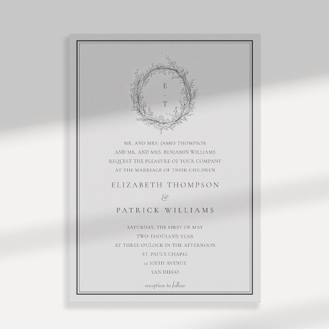 Convite Wild Greenery Crest Formal Casamento Tradicional (wildflowers wedding invitation black and white formal traditional botanical crest parents names)