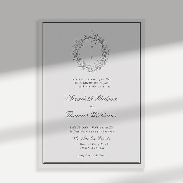 Convite Wild Greenery Crest Formal Moderno Casamento Cláss (wildflowers wedding invitation black and white formal traditional botanical crest modern classic)