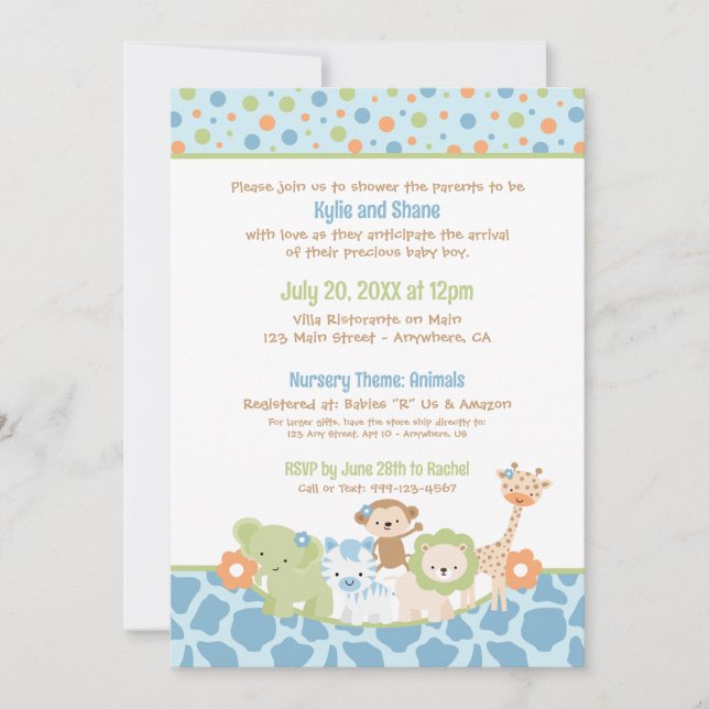 Convite Wild Jungle Animals Baby Boy Shower Invitation (Frente)