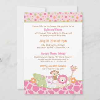Convite Wild Jungle Animals Baby Girl Shower Invitation