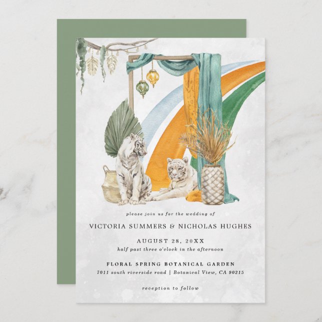 Convite Wild Love | Boho Macrame Tiger Greenery Casamento (Frente/Verso)