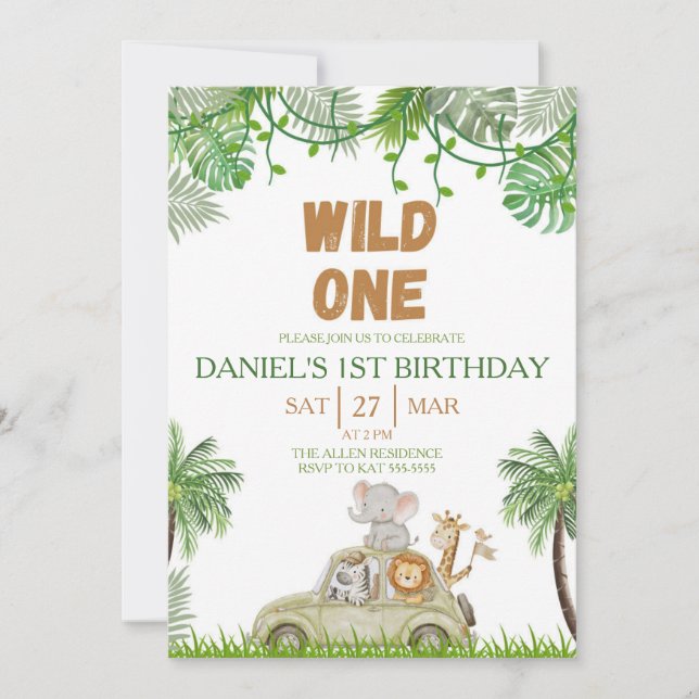 Convite Wild One 1st Birthday Safari Jungle Invitation (Frente)