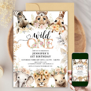Convite Wild ONE Animais da Selva Safari Aniversário de