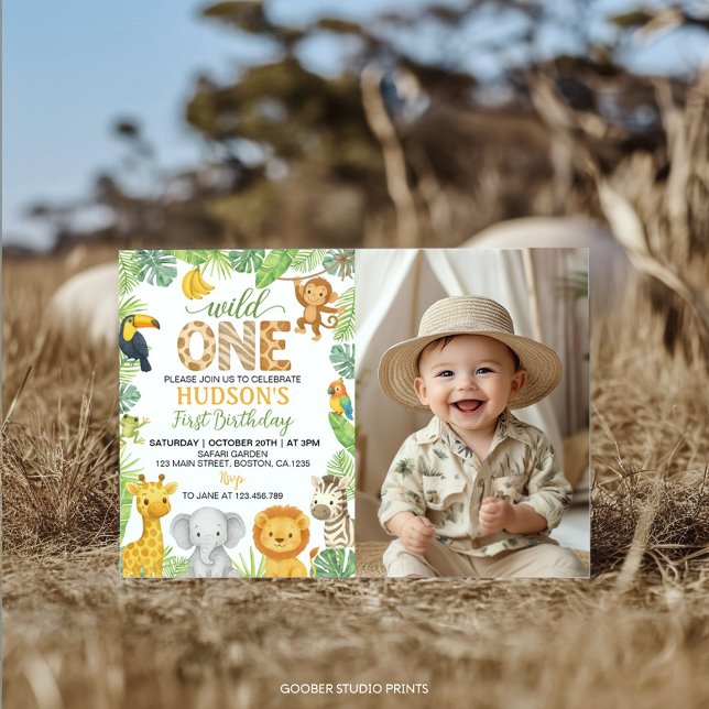 Convite Wild One Animals Safari 1st Birthday Photo (Criador carregado)