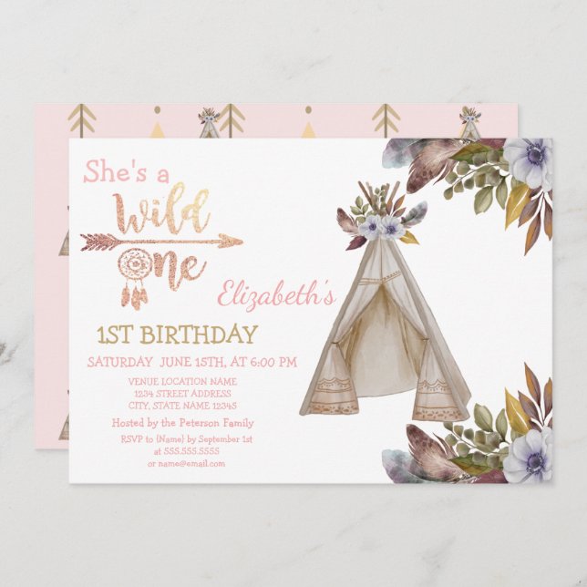 Convite Wild One,Arrows,Tent,Flowers,Boho Birthday (Frente/Verso)