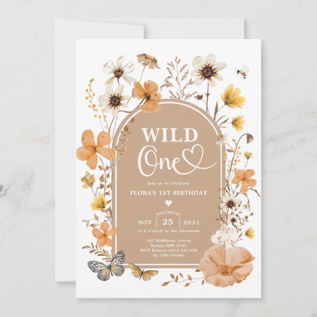 Convite Wild One: Autumnal Fall Wildflower First Birthday (Frente)