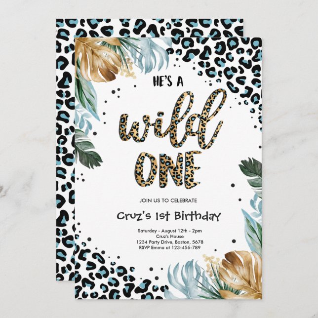 Convite Wild One Birthday Boy Leopard Print Jungle Party (Frente/Verso)