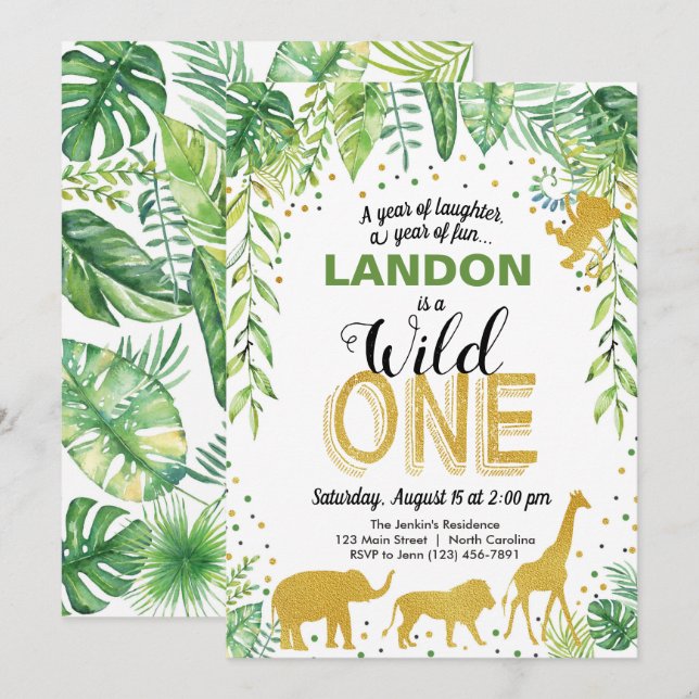 Convite Wild One Birthday Invitation Jungle Safari (Frente/Verso)