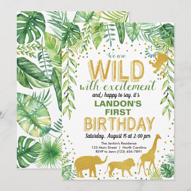 Convite Wild One Birthday Invitation Jungle Safari (Frente/Verso)