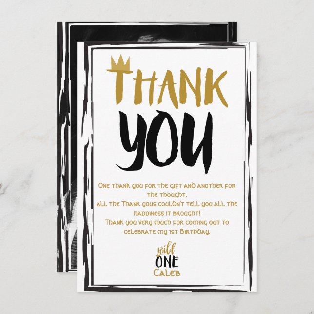 Convite Wild One Black Dourado Photo 1 primeiro aniversari (Frente/Verso)