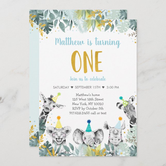 Convite Wild One Blue Dourado Party (Frente/Verso)