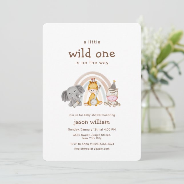 Convite Wild One Boho Rainbow Safari Animals Baby Shower  (Em pé/Frente)