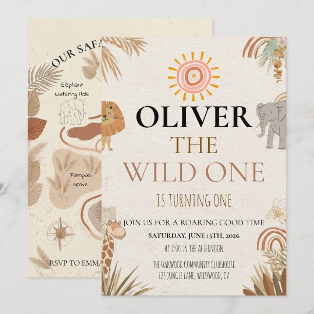 Convite Wild One - Boho Safari First Birthday (Frente/Verso)