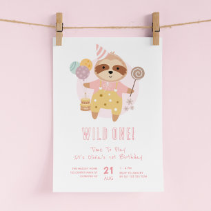 Convite Wild One Boho Sloth Rosa 1º Aniversário