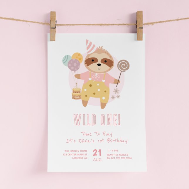 Convite Wild One Boho Sloth Rosa 1º Aniversário (Criador carregado)