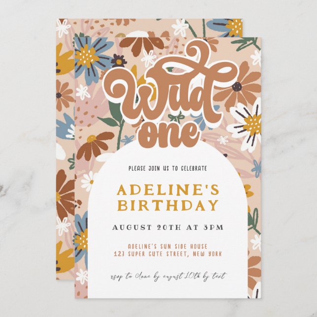 Convite Wild One Boho Wildflower primeiro aniversario Retr (Frente/Verso)