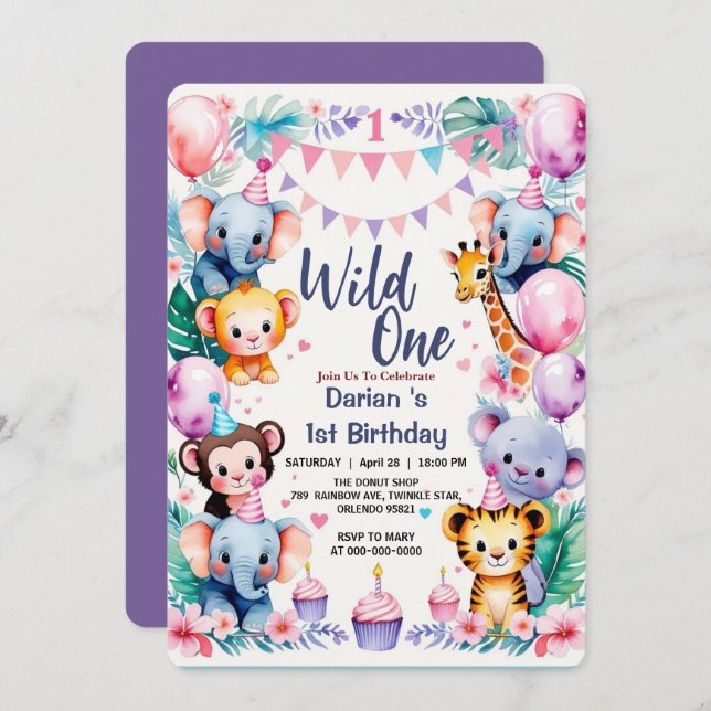 Convite Wild One Cute Animals Balloon cupcake 1st Birthday (Frente/Verso)