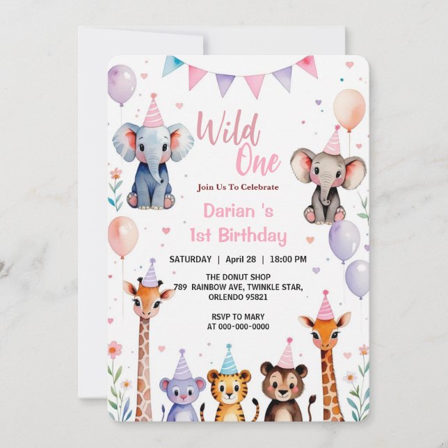 Convite Wild One Cute Animals Balloon girls 1st Birthday (Frente)