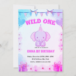 Convite Wild One Cute Elephant 1st Birthday Invitation