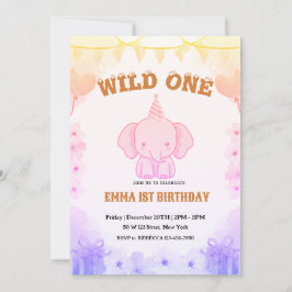 Convite Wild One Cute Elephant 1st Birthday Invitation