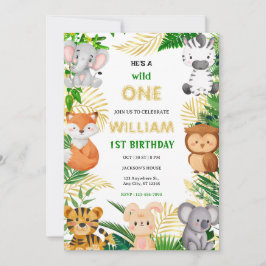 Convite Wild One Cute Jungle Animal Child's 1st Birthday
