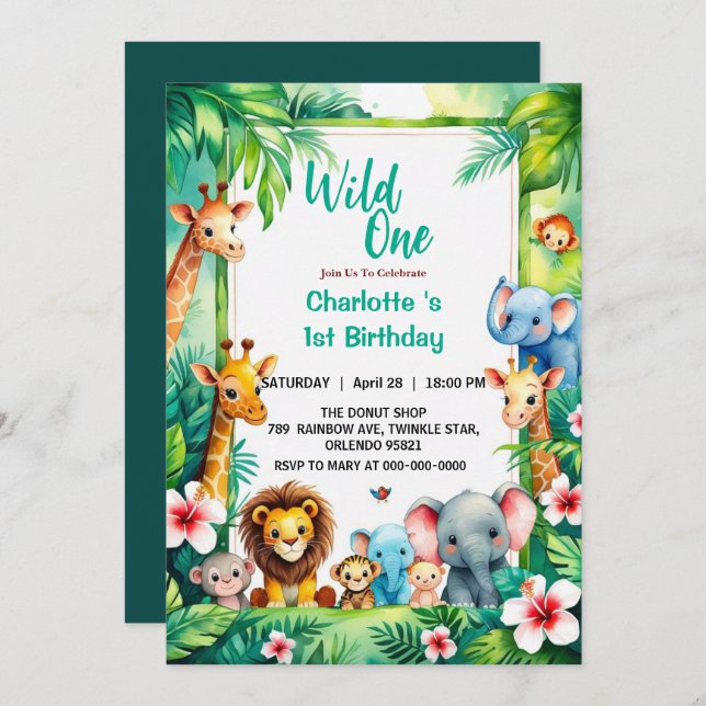 Convite Wild One Cute Jungle Animal Child's 1st Birthday  (Frente/Verso)