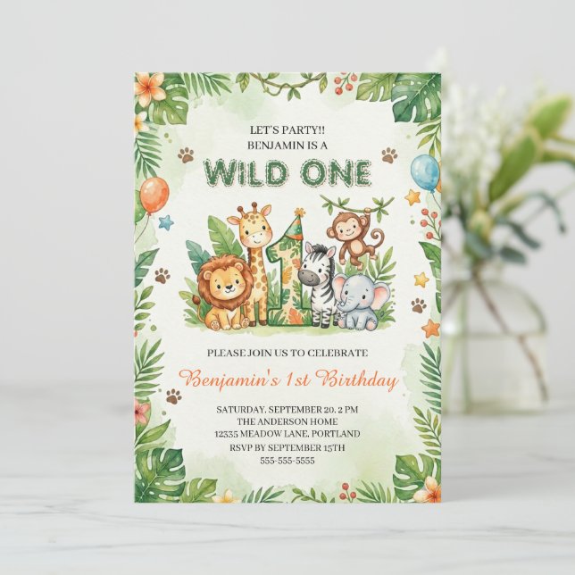 Convite Wild One Cute Jungle Animals Kids 1st Birthday  (Em pé/Frente)