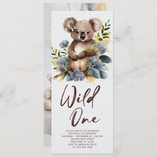 Convite Wild One Cute Koala primeiro aniversario Animal (Frente/Verso)