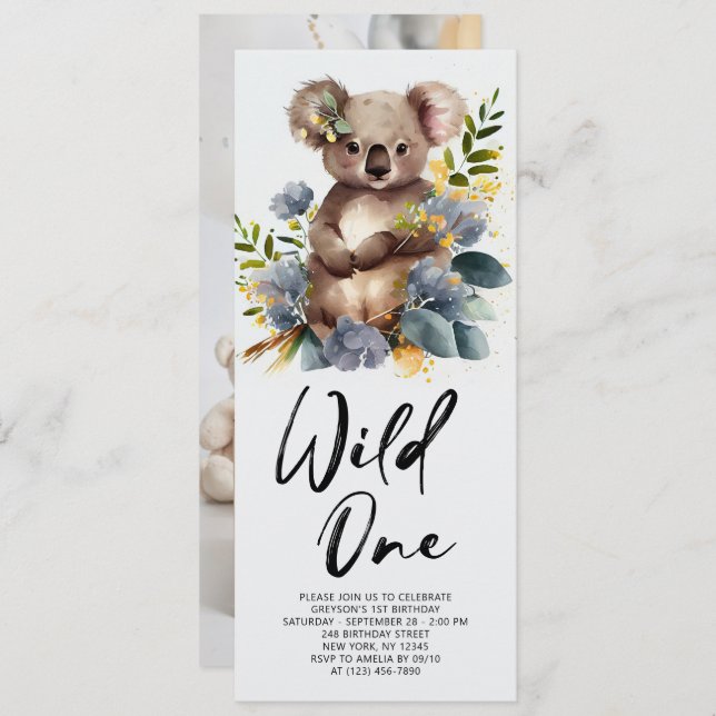 Convite Wild One Cute Koala primeiro aniversario Animal (Frente/Verso)