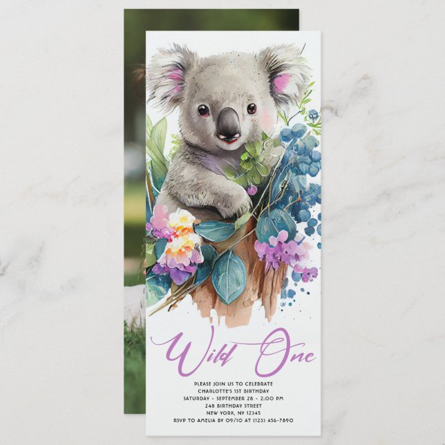 Convite Wild One Cute Koala primeiro aniversario Animal (Frente/Verso)