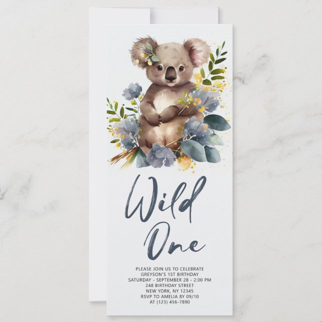 Convite Wild One Cute Koala primeiro aniversario Animal (Frente)