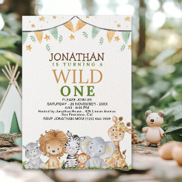 Convite Wild One  Cute Safari Animals Birthday