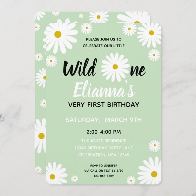 Convite Wild ONE Daisy Flower Girl Aniversário (Frente/Verso)