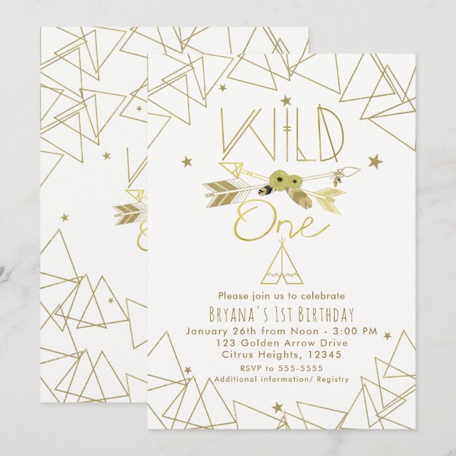 Convite WILD ONE Dourado e Branco Boho 1º Aniversário QUAL (Frente/Verso)