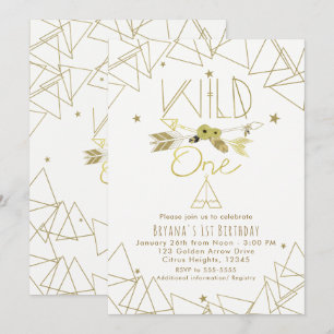 Convite WILD ONE Dourado e Branco Boho 1º Aniversário QUAL