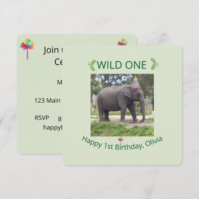 Convite Wild One Elephant Birthday Party Invite Design (Frente/Verso)