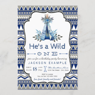 Convite Wild One Festa de aniversário Blue Teepee Primeiro