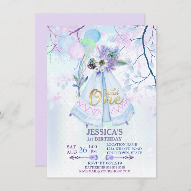 Convite Wild One First Birthday Blue TeePee Boho (Frente/Verso)