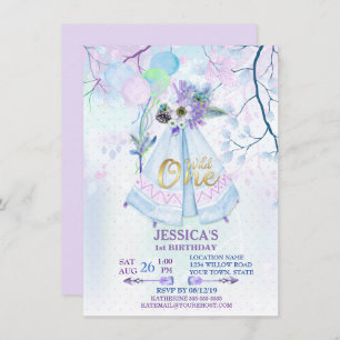 Convite Wild One First Birthday Blue TeePee Boho