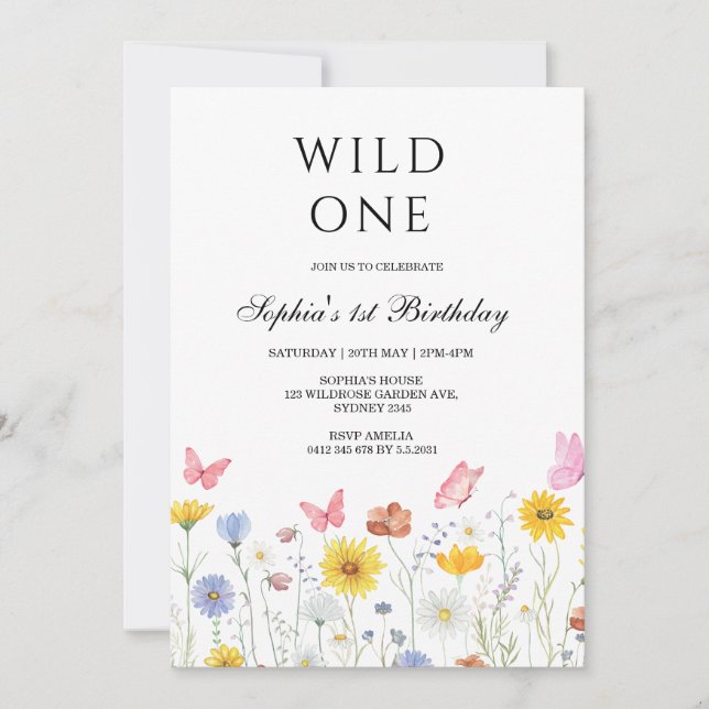 Convite Wild One Floral Butterfly First Birthday Party  (Frente)