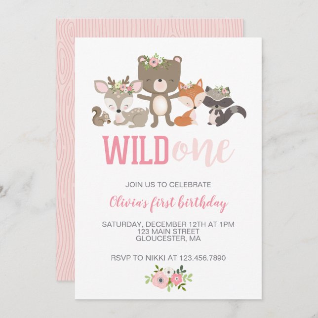 Convite Wild One Floral Woodland Animal Primeiro Aniversár (Frente/Verso)
