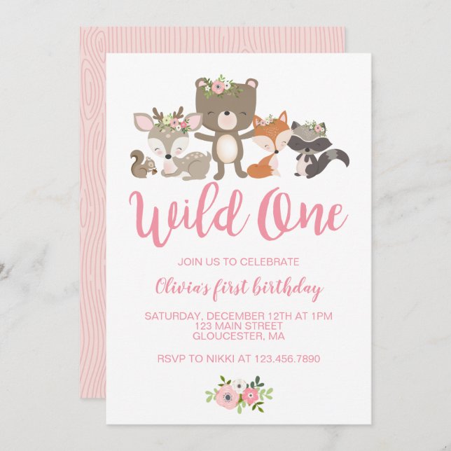 Convite Wild One Floral Woodland Animal Primeiro Aniversár (Frente/Verso)