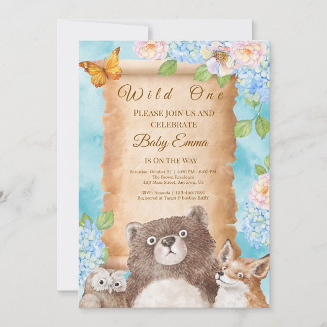 Convite Wild One Forest Baby Shower Watercolor Art (Frente)